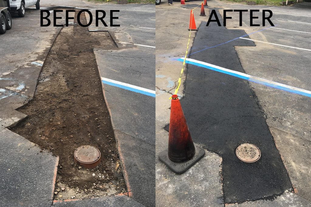 Before and after photo of asphalt repair by Rick Oakes Contracting
