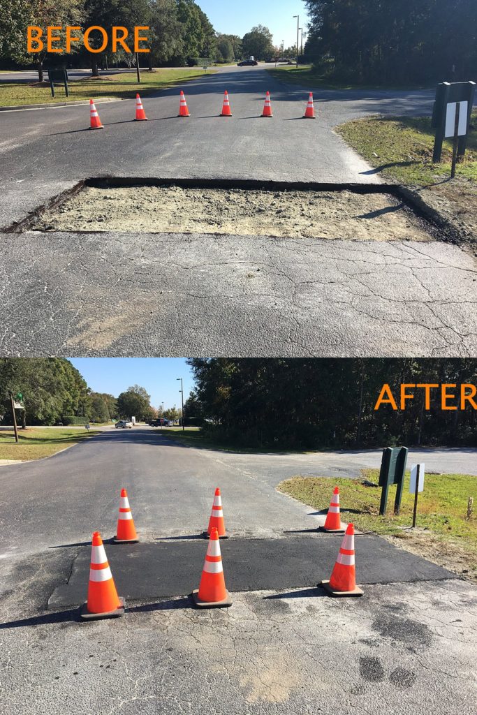 before and after photo of asphalt repair by Rick Oakes Contracting