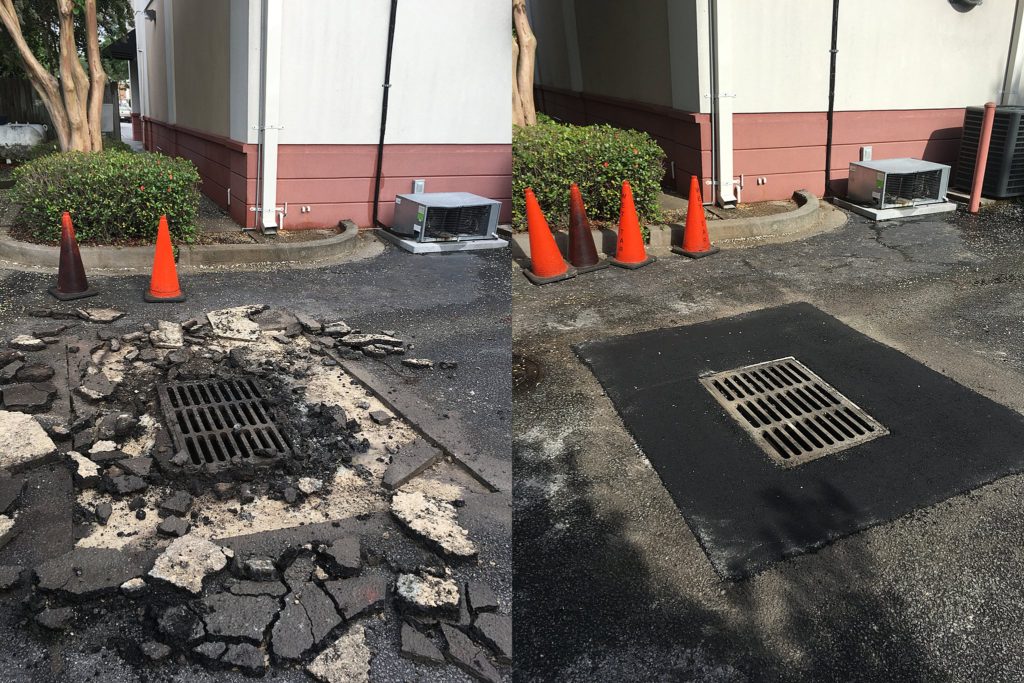 Before and after photo of asphalt repair