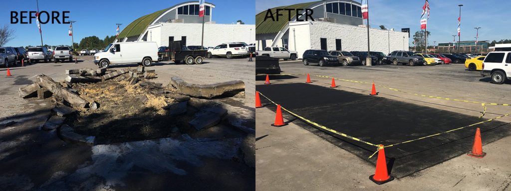 Before and after photo of a pothole repair.
