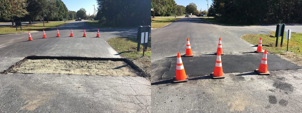Before & After photo of asphalt repair by Rick Oakes Contracting